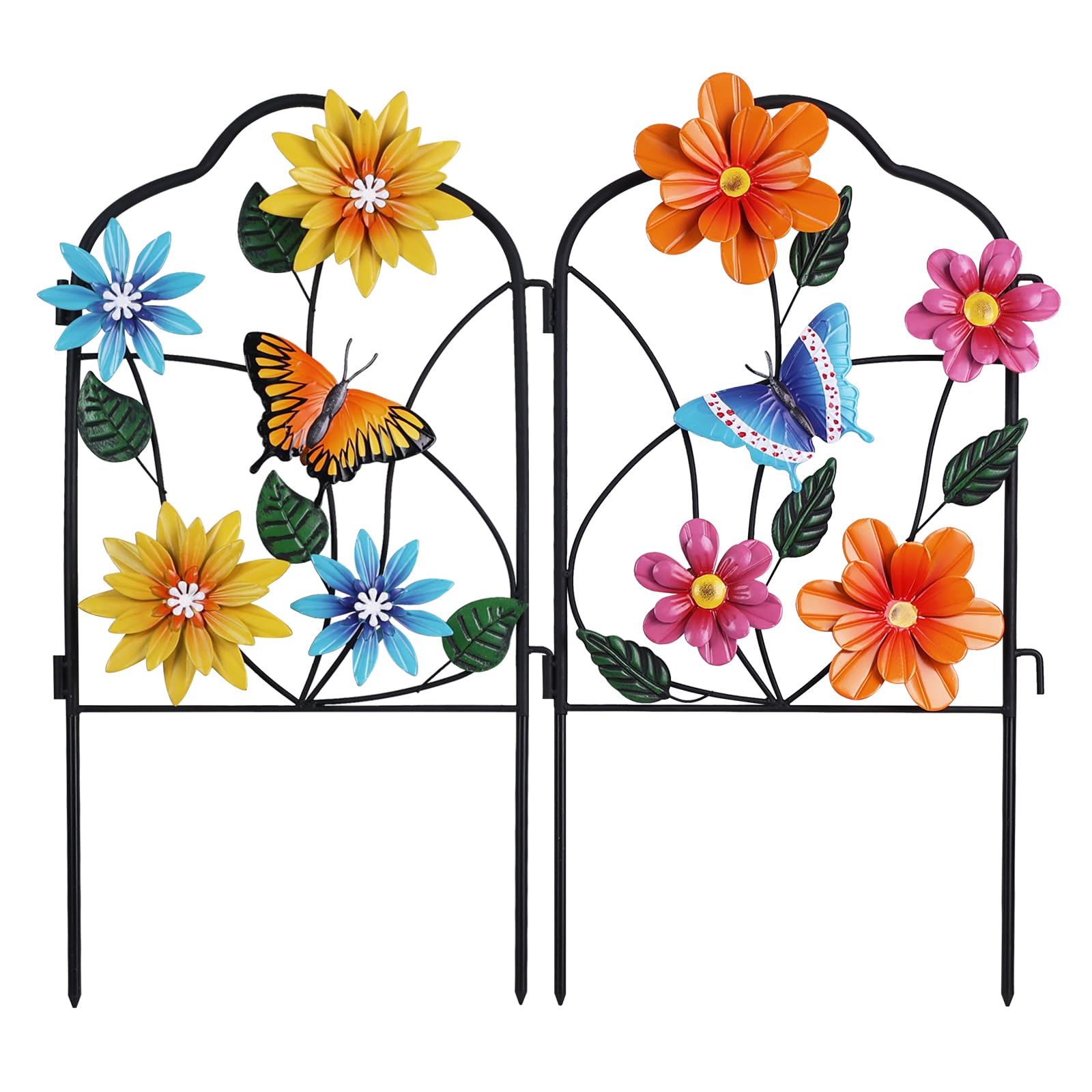 hogardeck front view of both stakes showing colorful flowers and butterflies, brightening garden