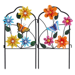 hogardeck front view of both stakes showing colorful flowers and butterflies, brightening garden