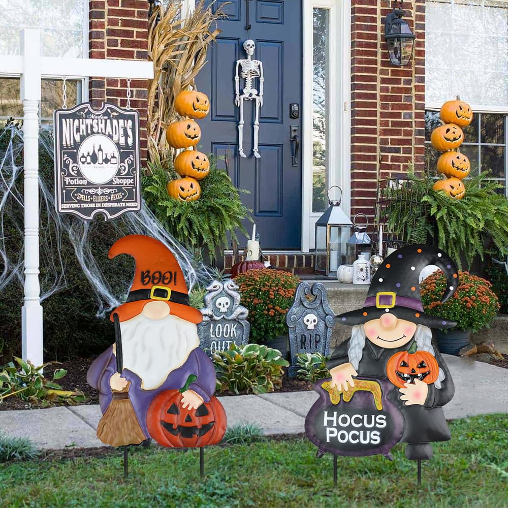 hogardeck stakes placed in garden bed creating whimsical seasonal focal point