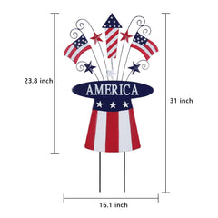 hogardeck metal hat stake placed in flower bed adding patriotic yard color