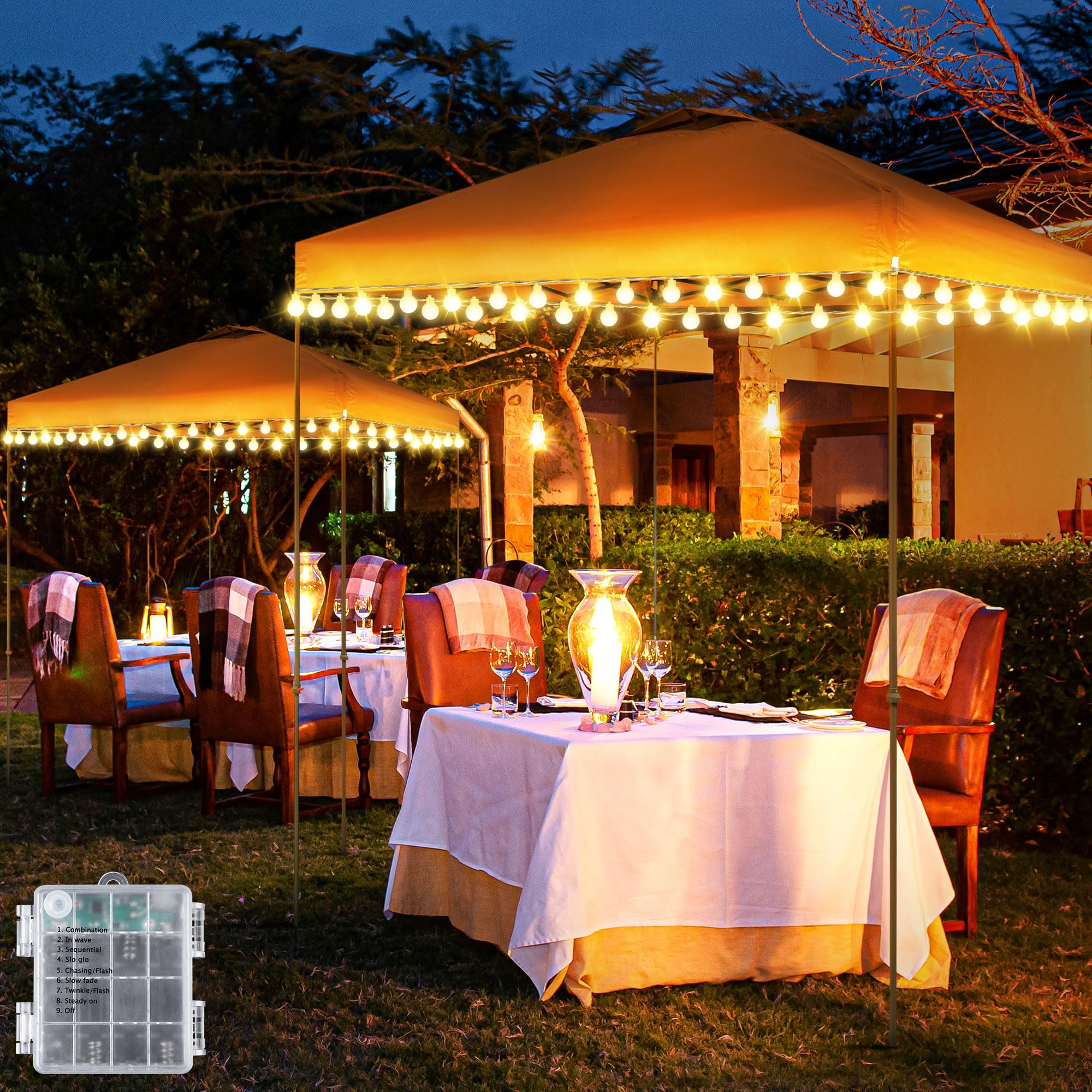 Hohean front view of two 40ft canopy light strings showing full set and packaging benefit