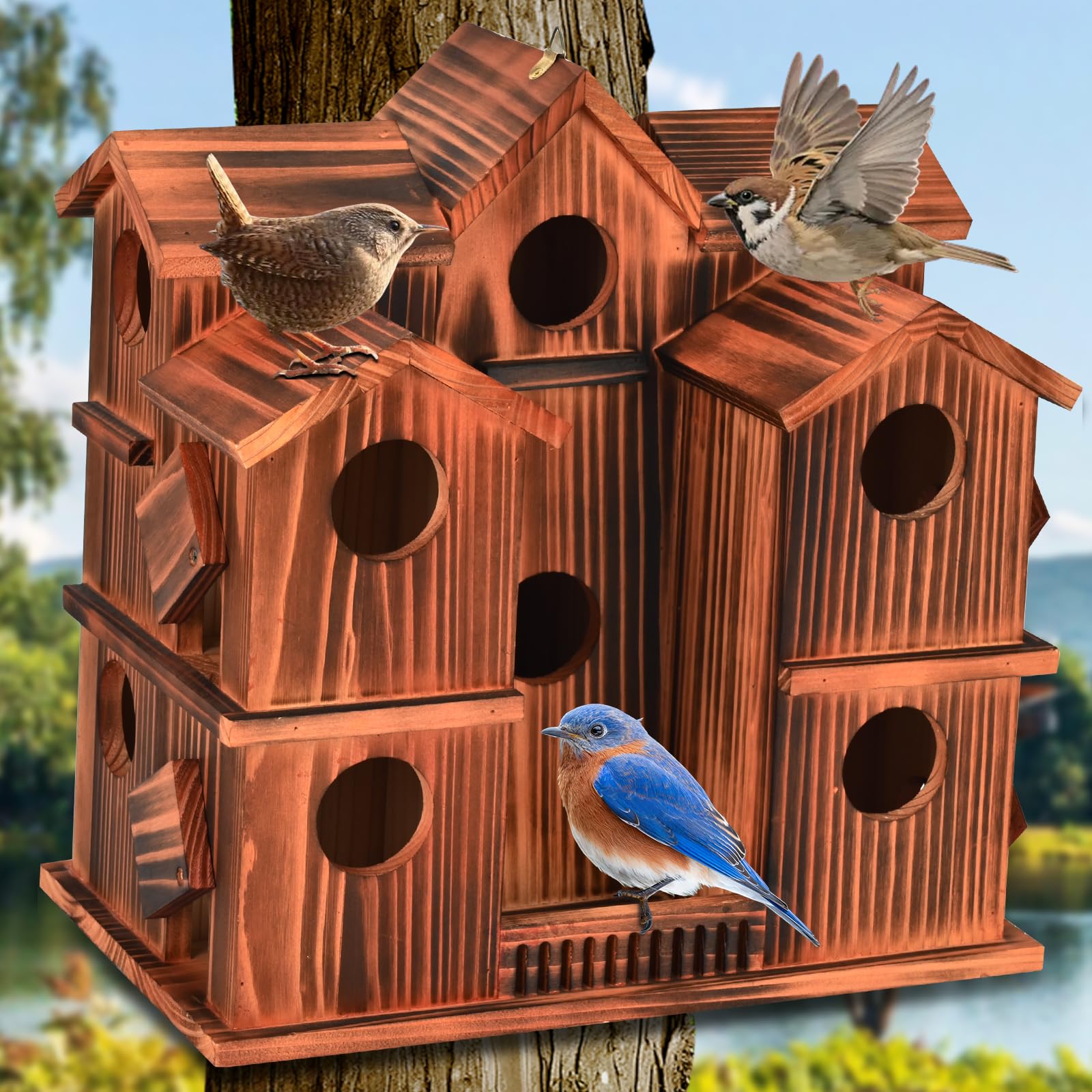 HOIGE front view of 10-room birdhouse showcasing rustic cedar and hanging hook benefit bird shelter