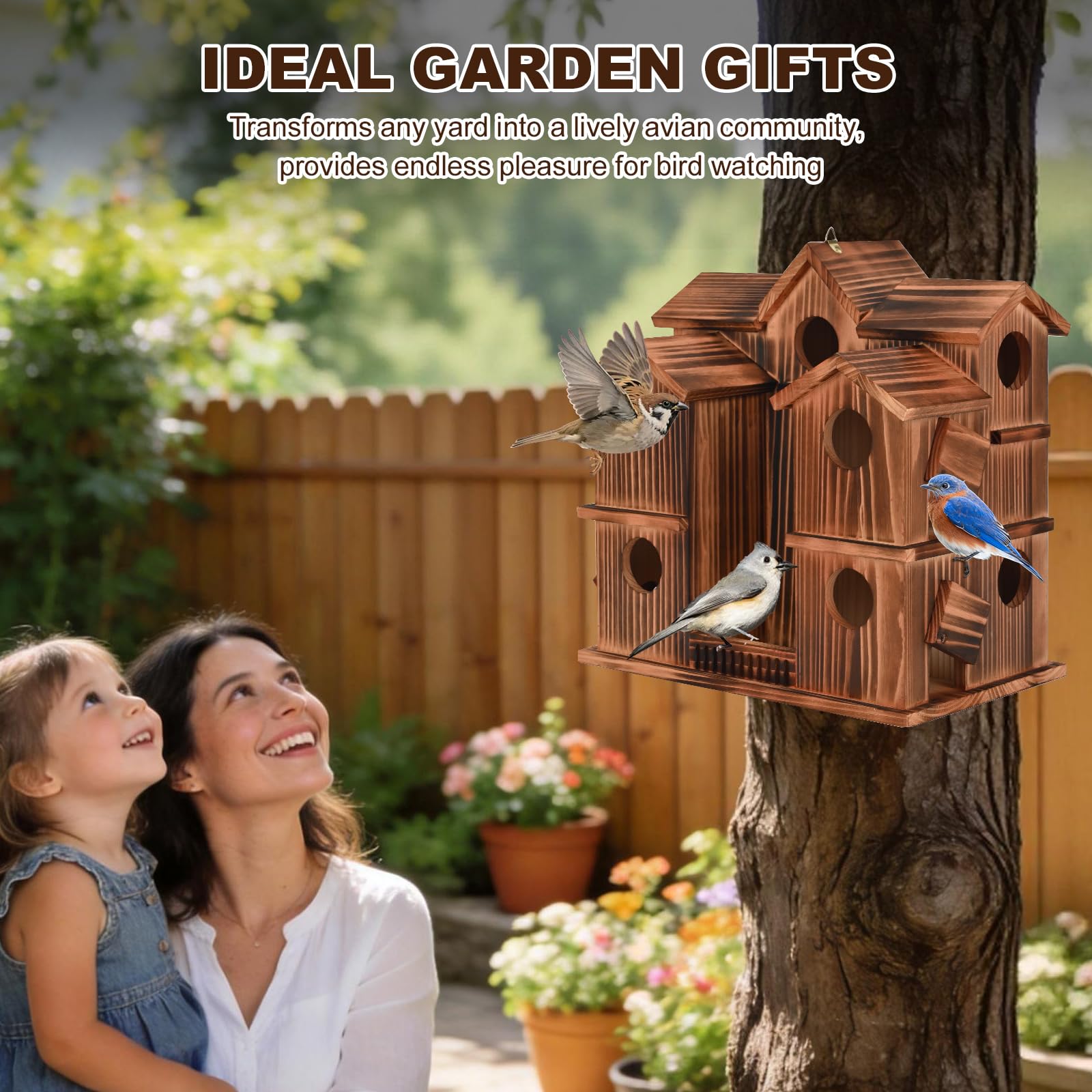 HOIGE birdhouse held beside an adult hand demonstrating scale for installation and placement planning
