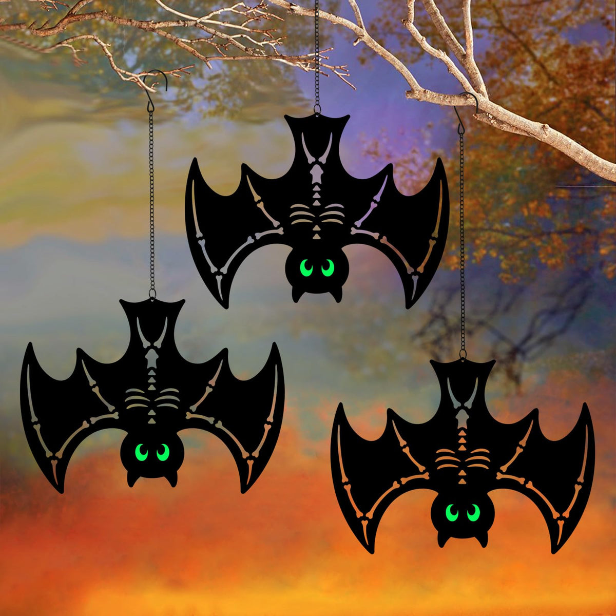 Hokfirm metal bats front view showing three bats and glow eyes for instant curb appeal