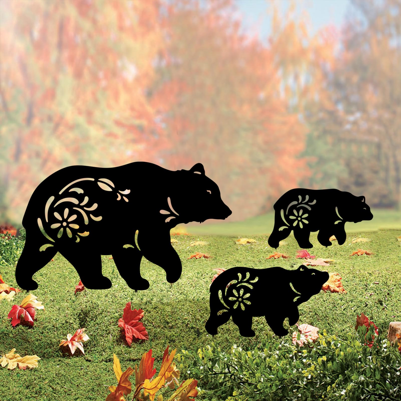 Hokfirm front view of three bear yard stakes showing design and durability