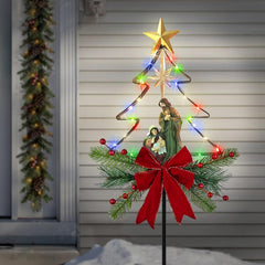 Hokfirm front view of solar nativity tree stake showing festive glow and silhouette benefit