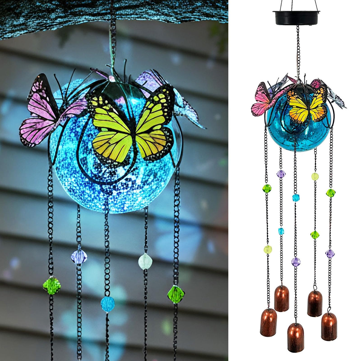 Hokfirm front view showing hanging butterfly chimes and evening ambiance