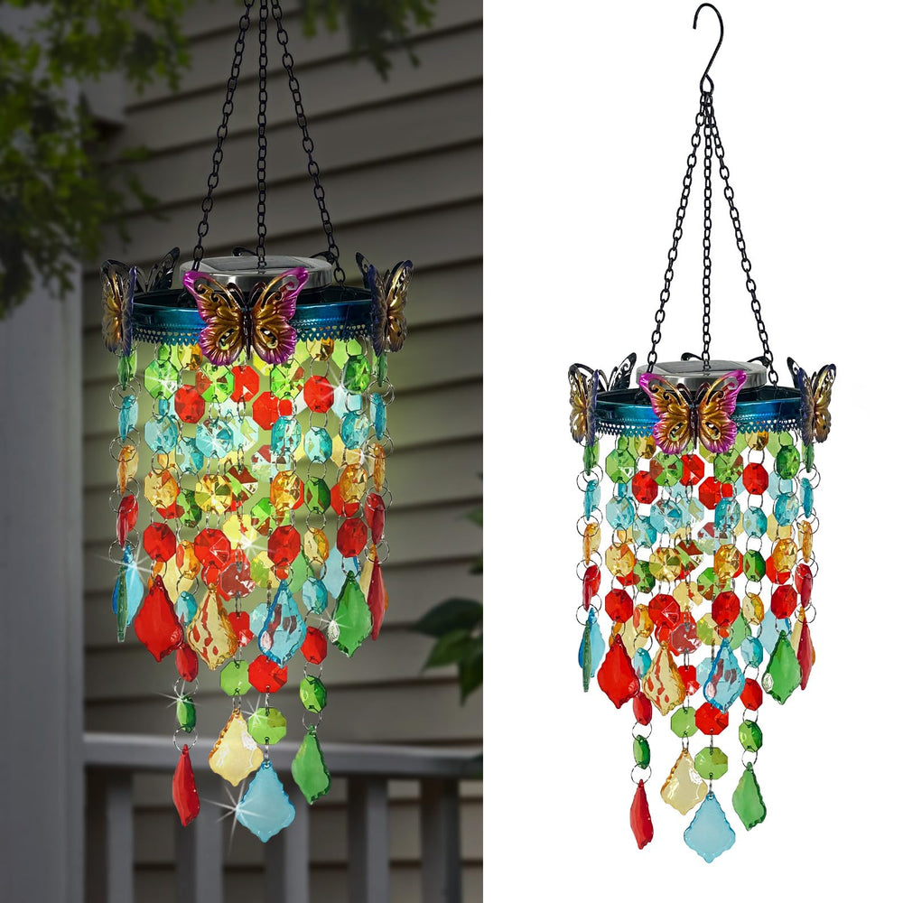 Hokfirm front view of hanging solar lantern showing butterflies and glow for ambiance