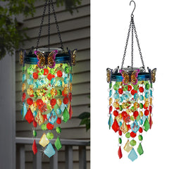 Hokfirm front view of hanging solar lantern showing butterflies and glow for ambiance
