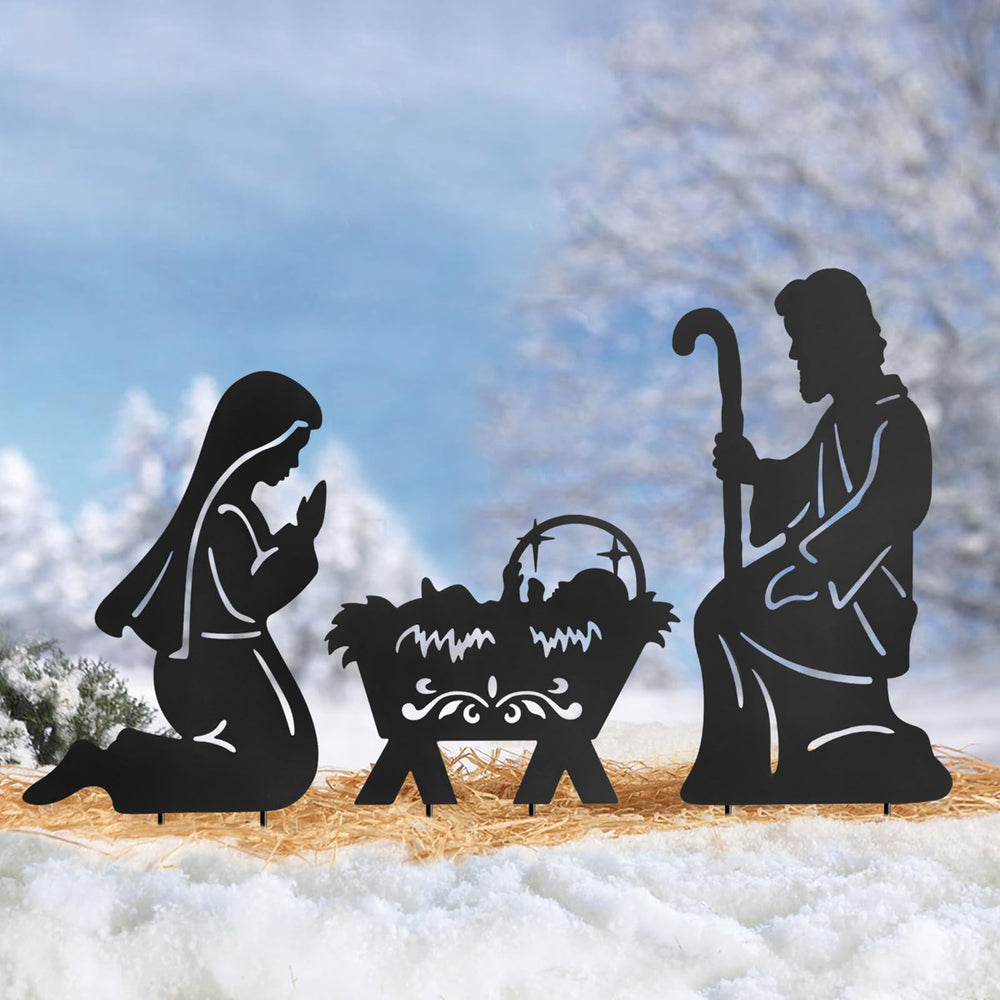Hokfirm front view of three black nativity yard stakes showing cohesive display benefit
