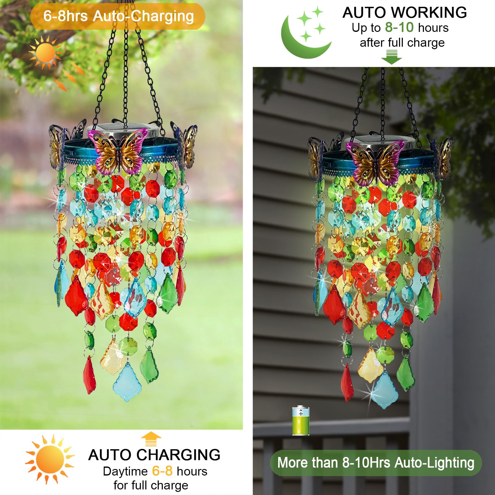 Hokfirm lantern in use hung on tree at dusk creating colorful garden lighting