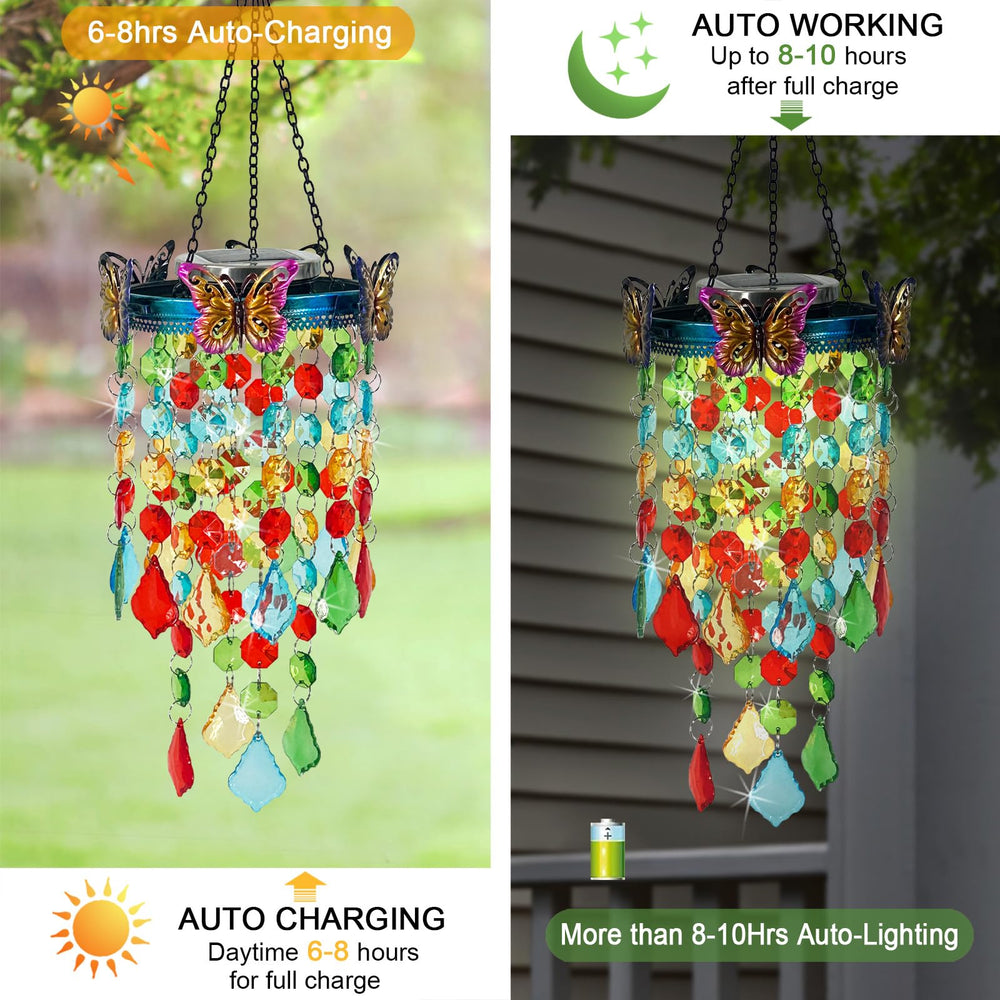 Hokfirm lantern in use hung on tree at dusk creating colorful garden lighting