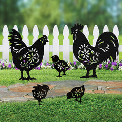Hokfirm front view of black metal chicken stakes for striking lawn accents