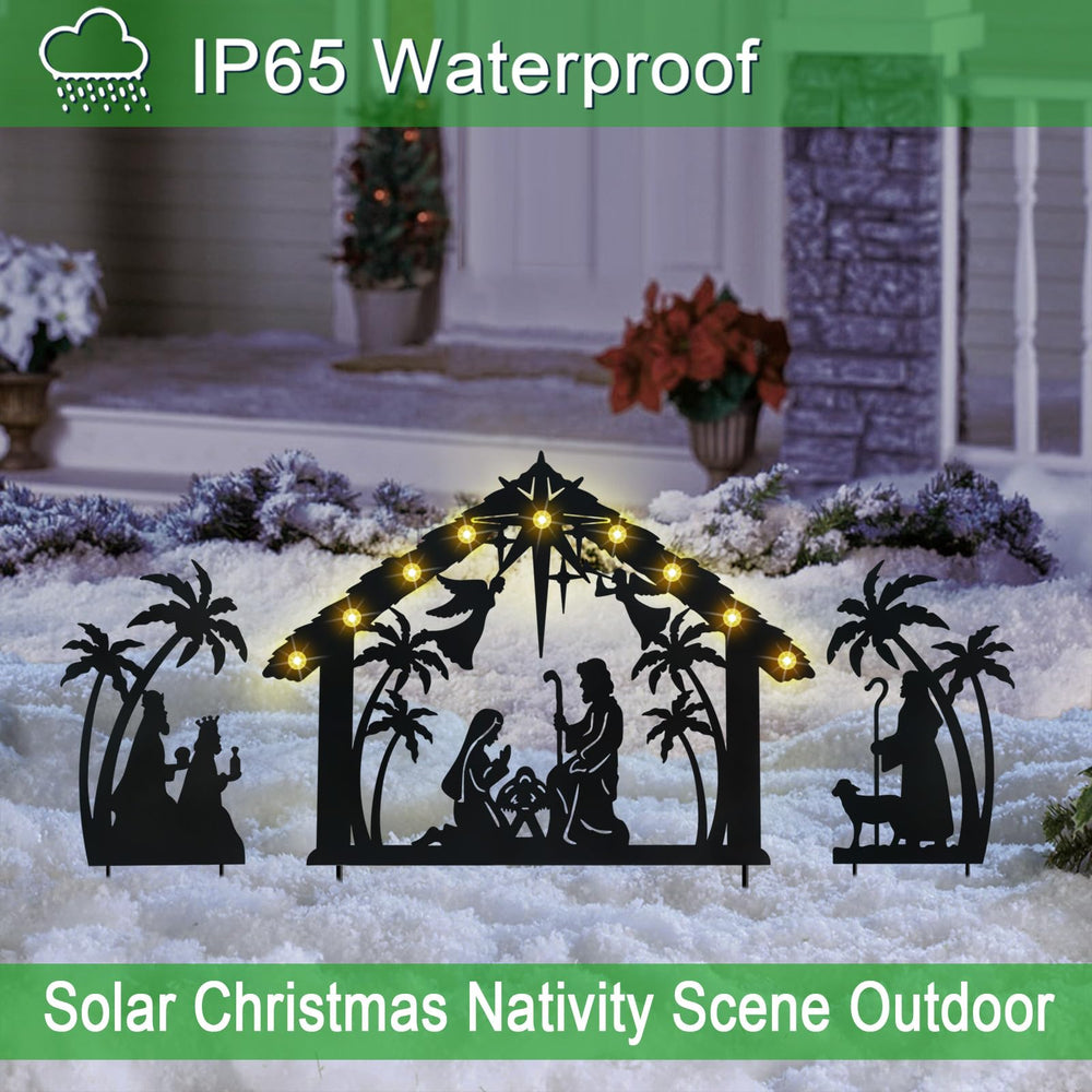 Hokfirm porch scene with nativity stakes integrated into holiday display for welcoming curb appeal