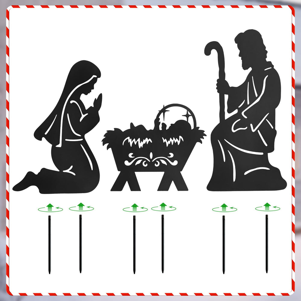 Hokfirm nativity stakes lit at night showing enhanced curb appeal and visibility