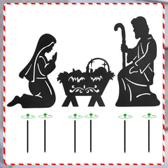 Hokfirm nativity stakes lit at night showing enhanced curb appeal and visibility