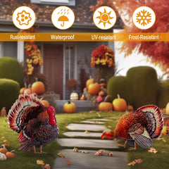 Hokfirm turkey stakes placed in garden among pumpkins showing festive curb appeal