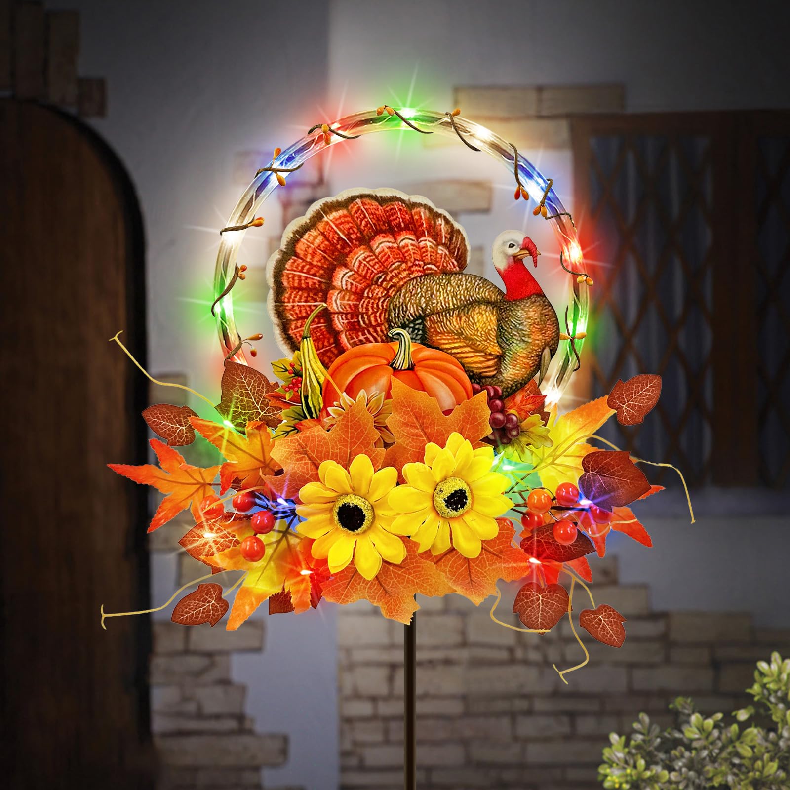 Hokfirm turkey stake front view showing colorful harvest decor and visual appeal