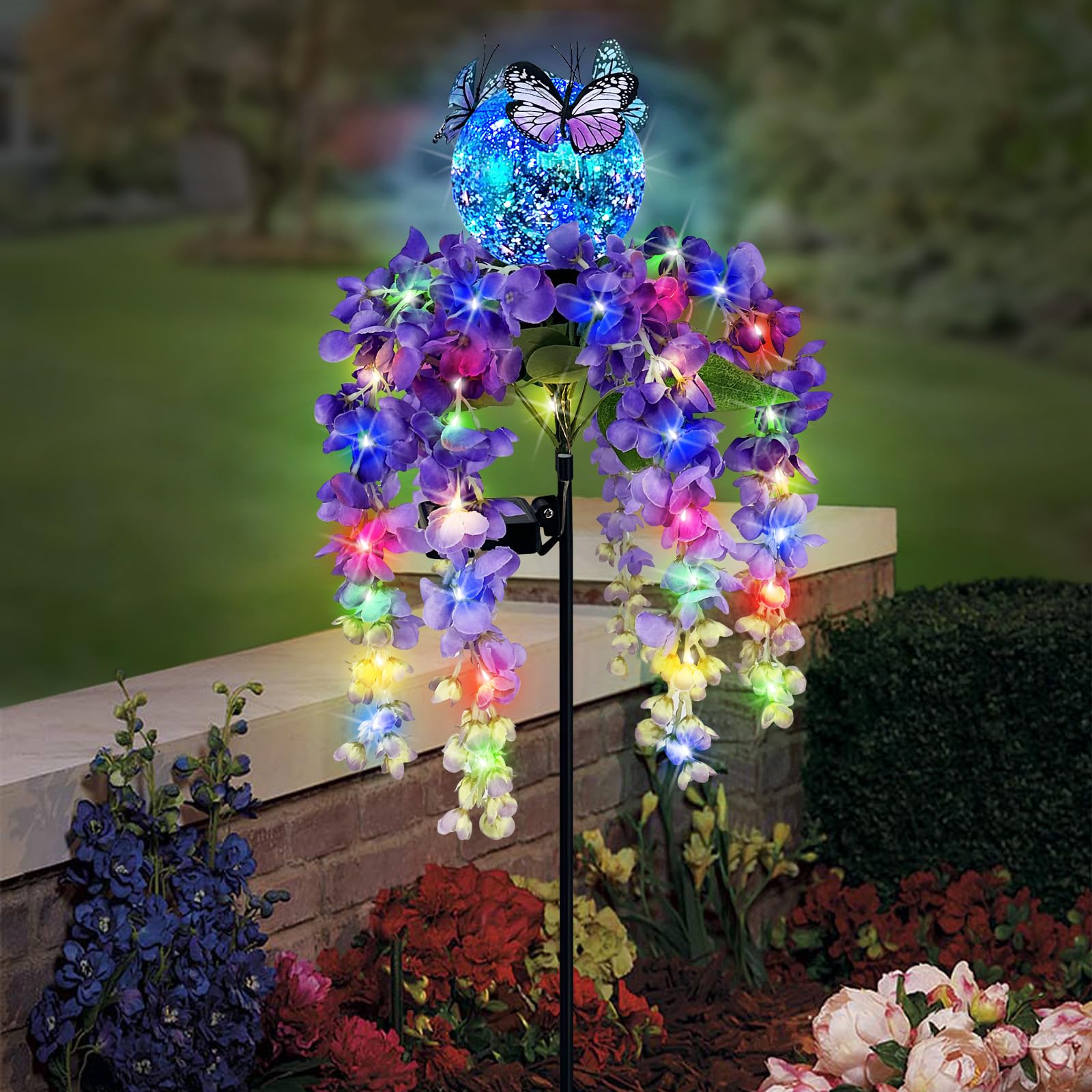 Hokfirm front view of wisteria solar stakes showing decorative flowers and butterflies, enhancing curb appeal