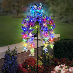 Hokfirm front view of wisteria solar stakes showing decorative flowers and butterflies, enhancing curb appeal