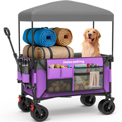 Holacamking front packaging showing wagon and included canopy, highlights durability