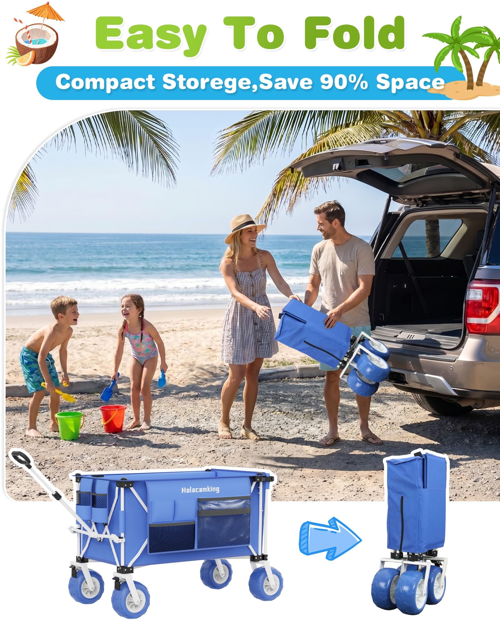 Holacamking wagon rolling on beach with smooth performance benefit