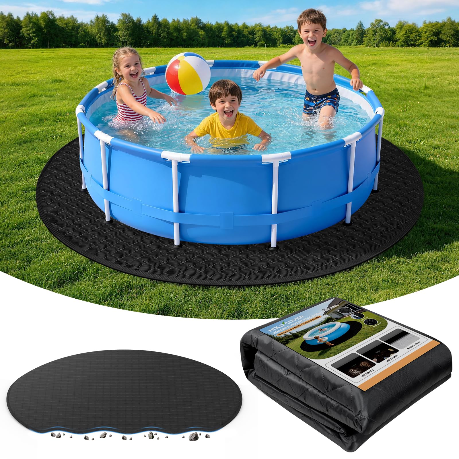HOLDCOVER front view of 10 ft round pad showing protective design benefit