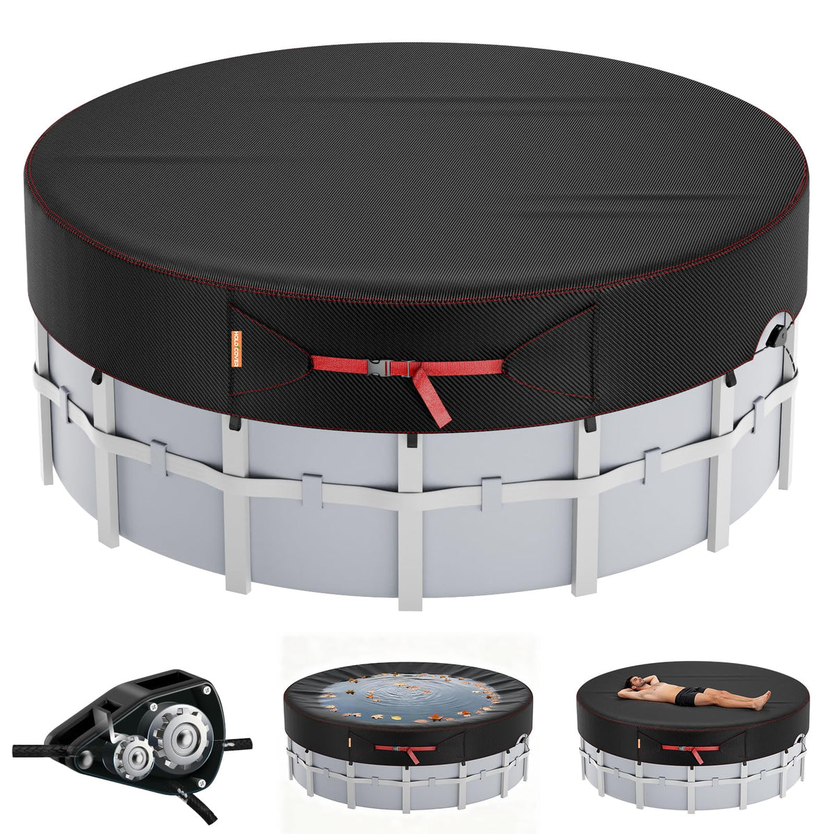 HOLDCOVER front view of 12 ft solar pool cover showing full fit and tidy finish for reliable protection