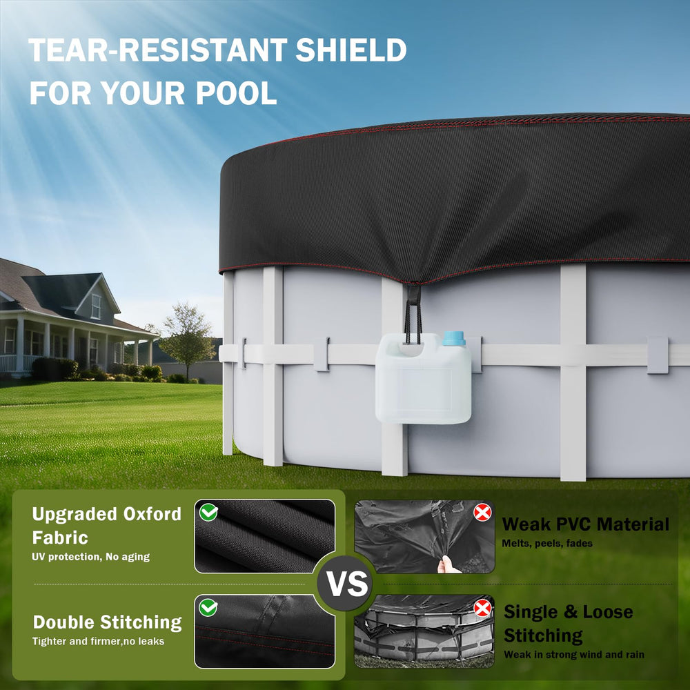 HOLDCOVER installed on an above-ground round pool reducing debris and retaining heat for easier maintenance