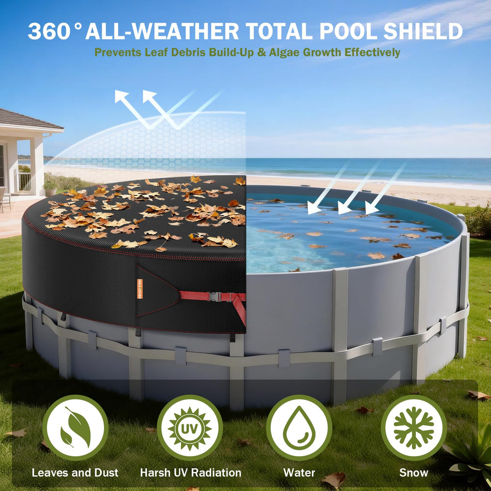 HOLDCOVER poolside lifestyle shot showing cover in sunny setting protecting water and saving evaporation