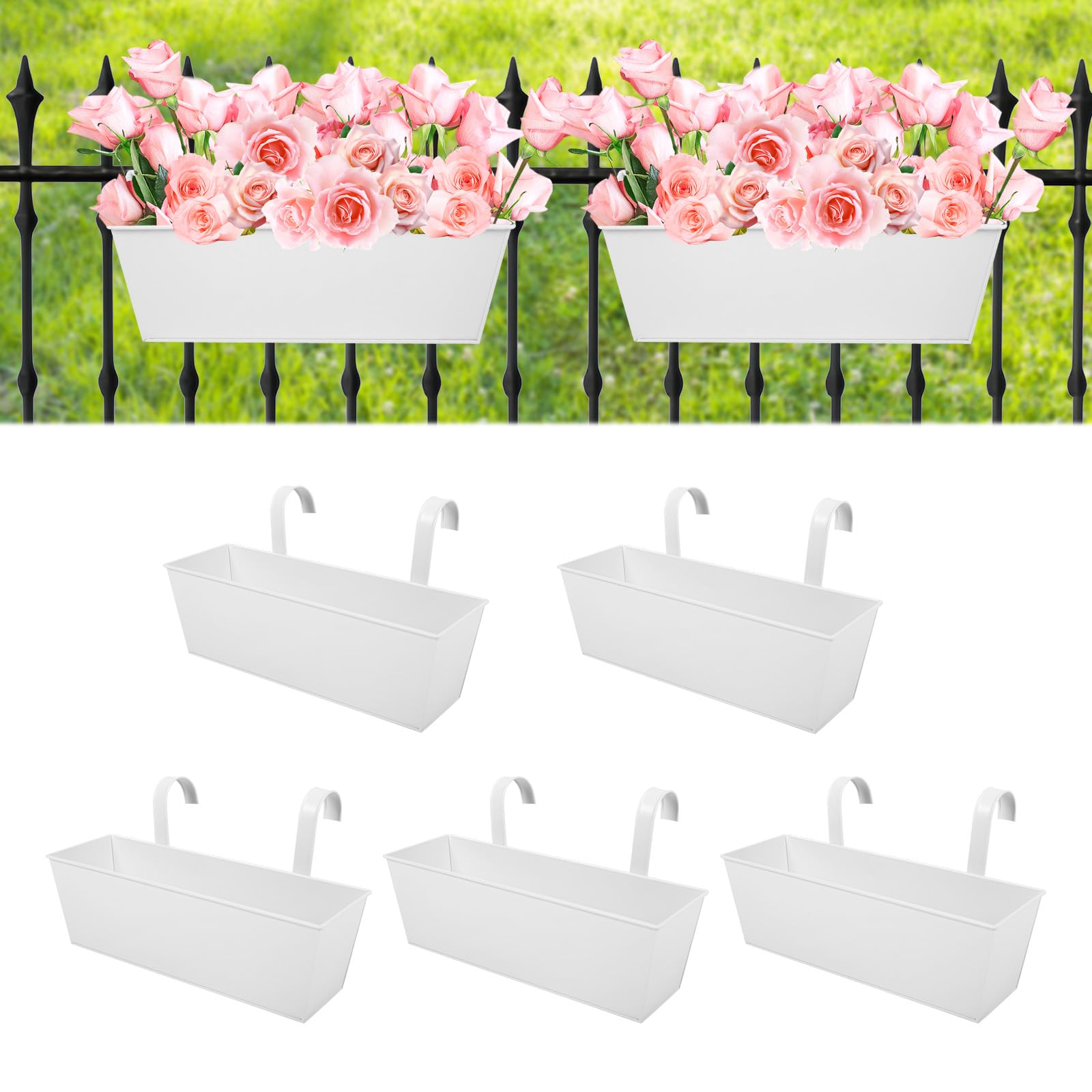 Holensun front view of five metal railing planters showing neat arrangement and curb appeal