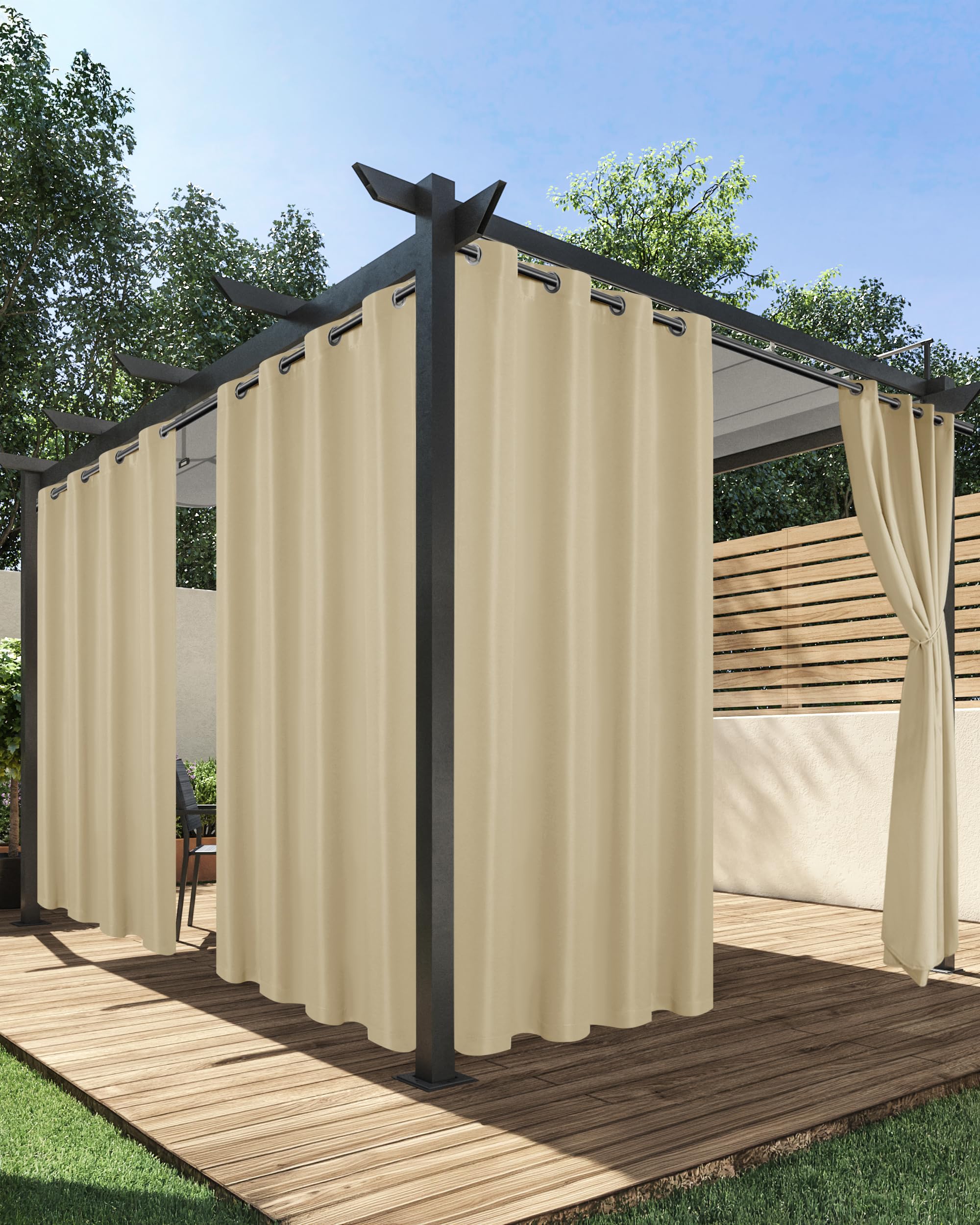 HolidayIdeas front view of cream outdoor curtains showing elegant coverage and privacy