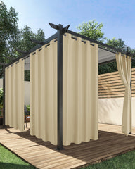 HolidayIdeas front view of cream outdoor curtains showing elegant coverage and privacy