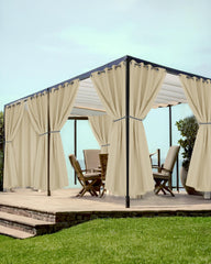 HolidayIdeas cream curtains front view showing full patio coverage and elegant protection