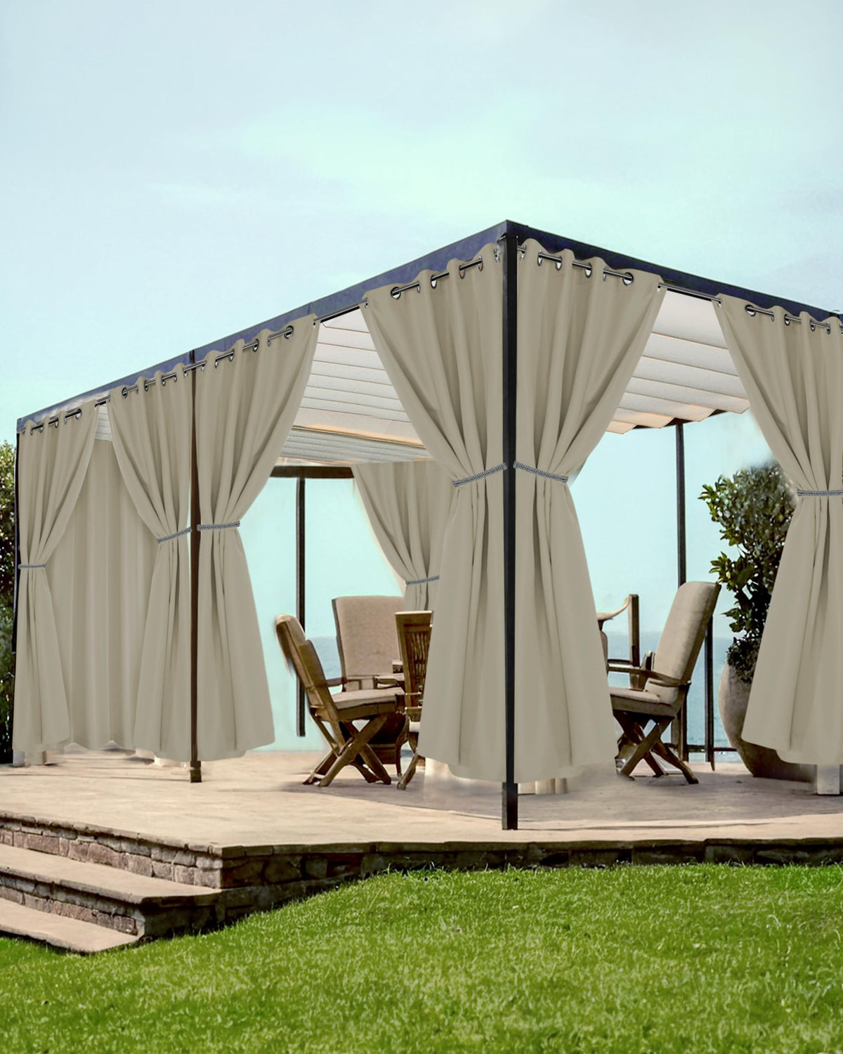 HolidayIdeas front view of taupe 8-panel curtains showing full patio coverage and style