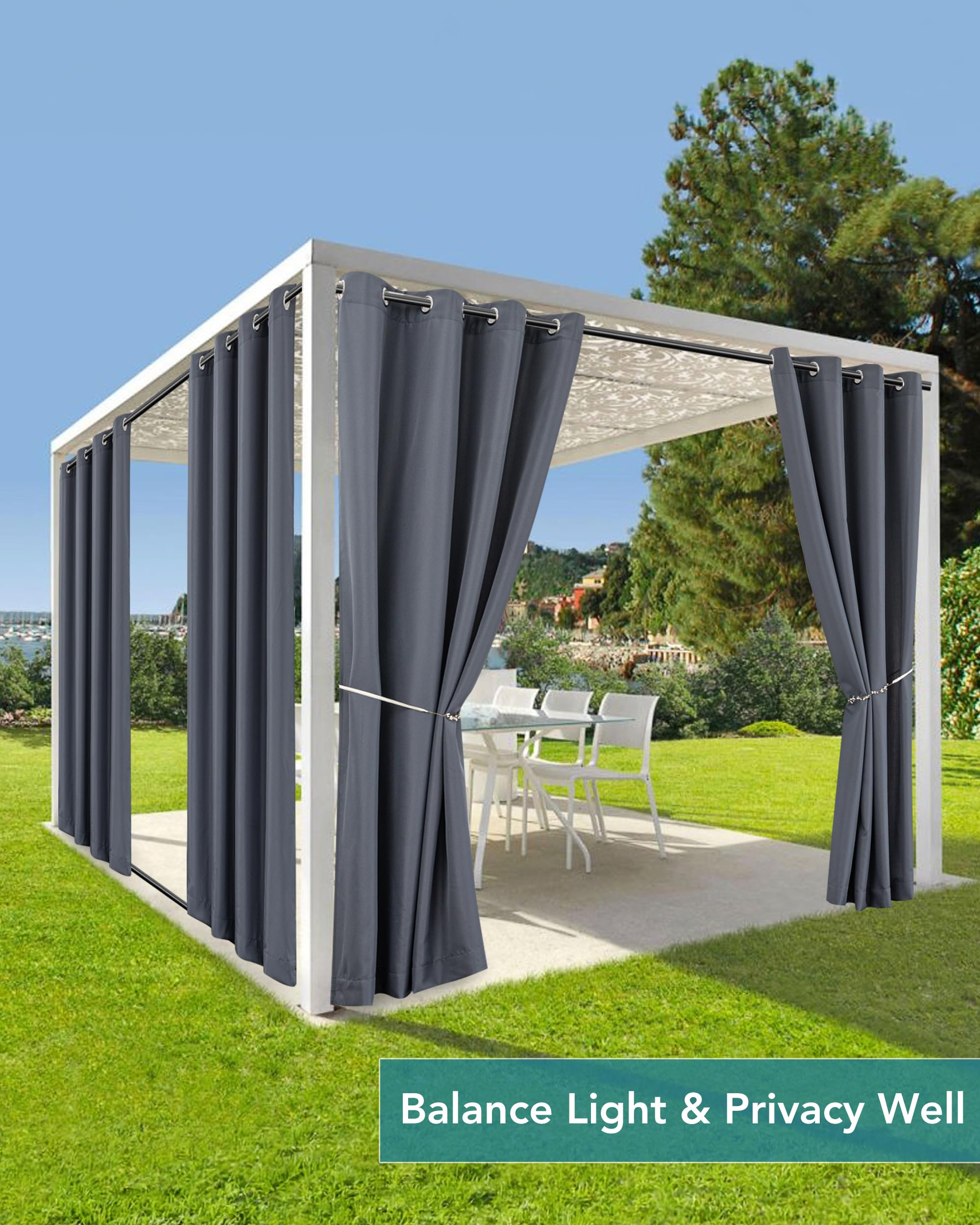 HolidayIdeas curtains hung on a patio creating privacy and shaded seating