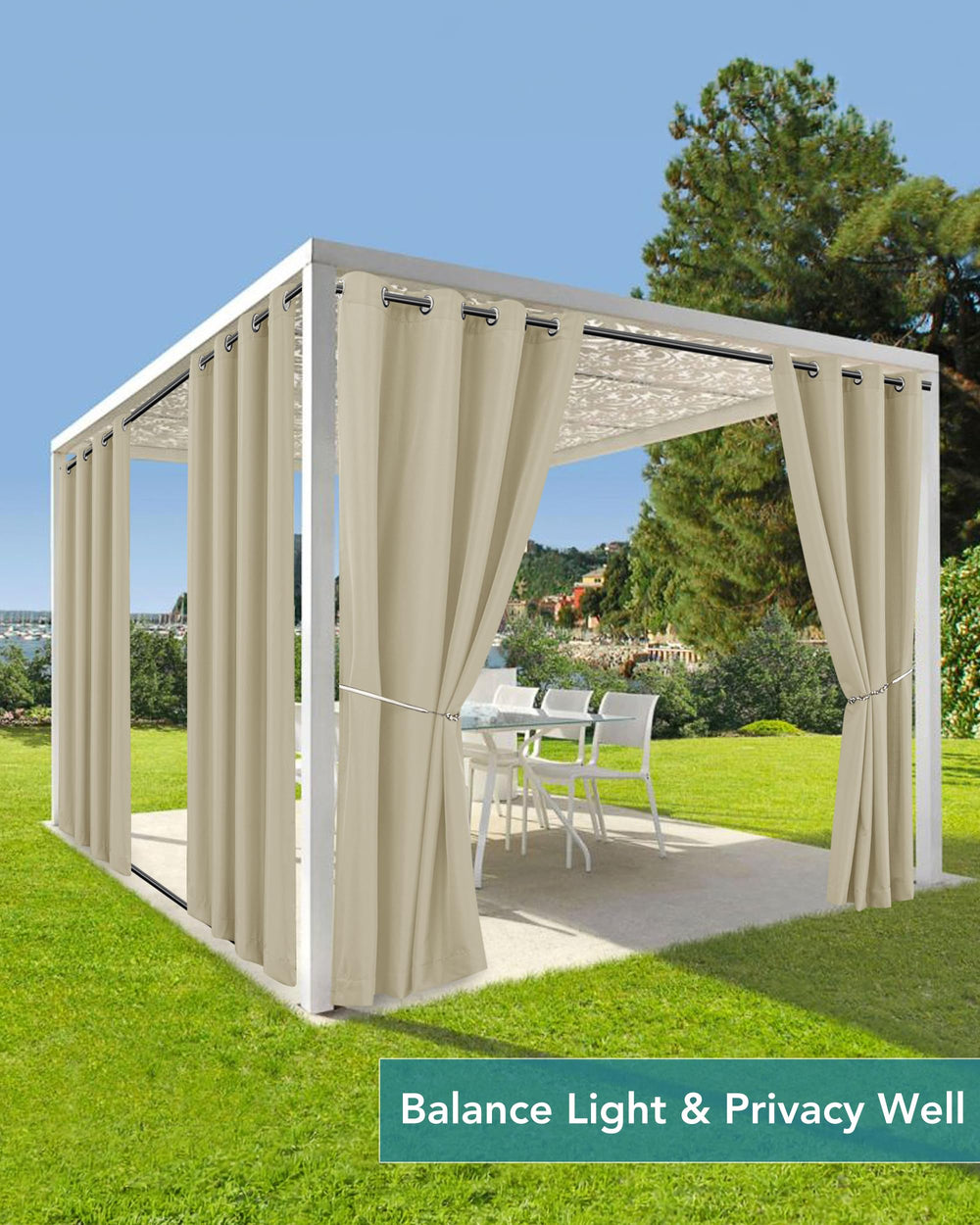 HolidayIdeas cream panels hung on a patio creating shaded seating and stylish privacy