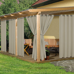 HolidayIdeas front view of six taupe outdoor curtain panels showing full set and packaging, stylish privacy