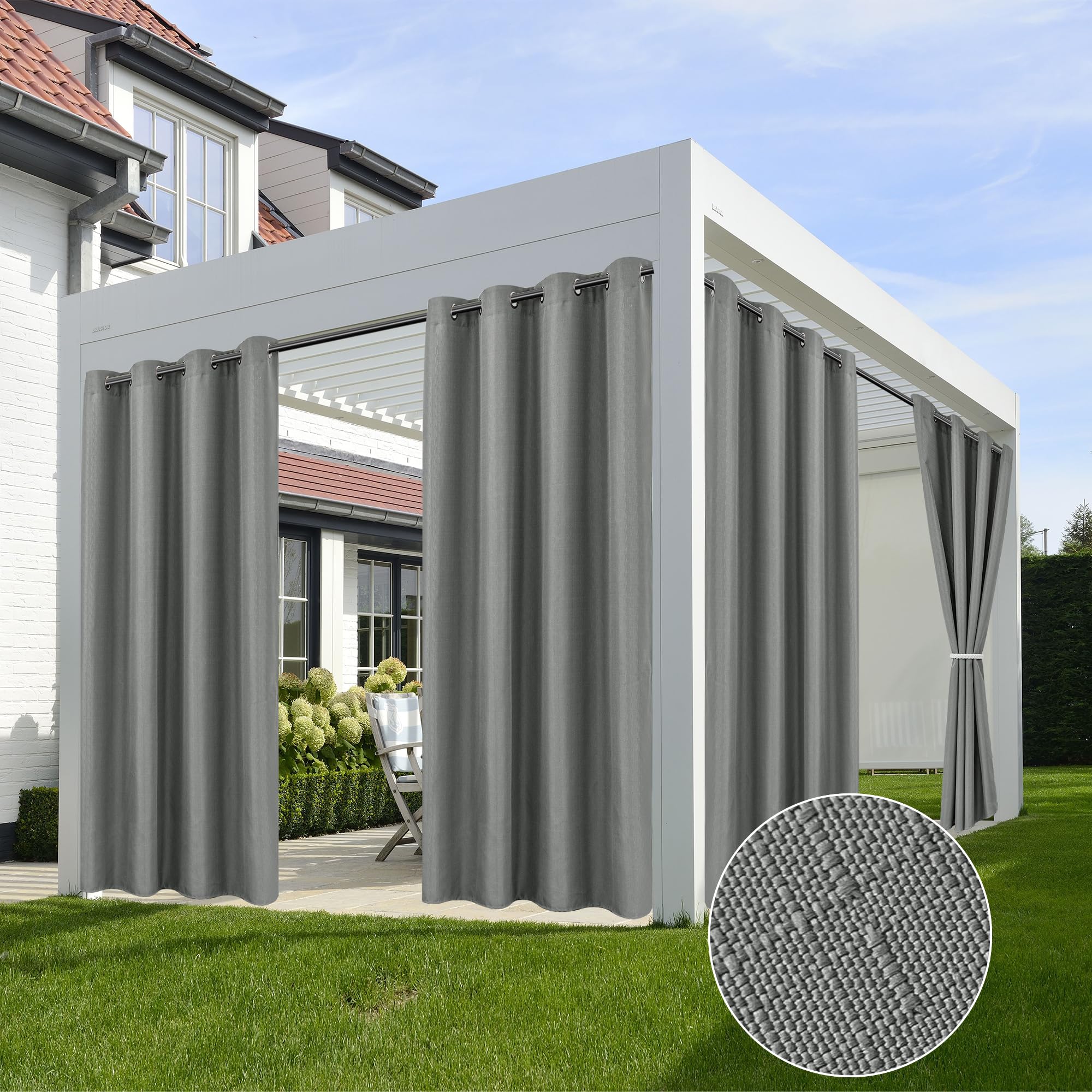 HolidayIdeas front view of four light grey outdoor curtain panels showing neat folds and neutral style
