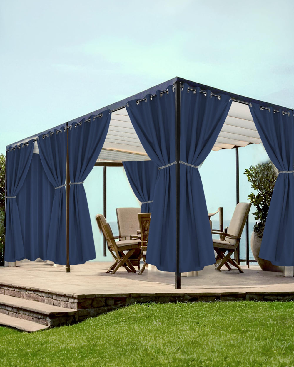 HolidayIdeas front view of navy grommet outdoor curtains showing complete 8-piece set and packaging benefit