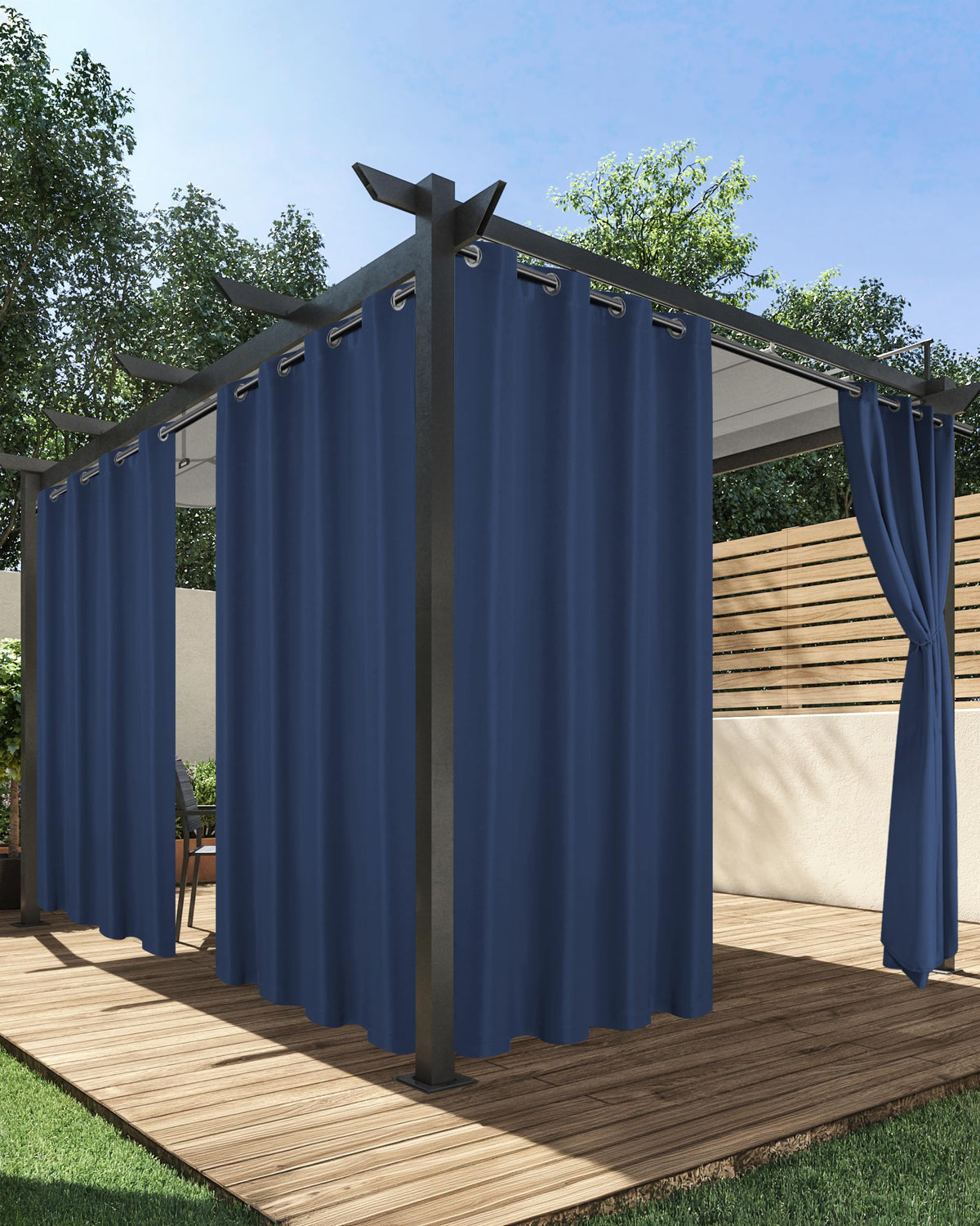 HolidayIdeas front view of four navy panels showing full set and color for elegant patio privacy