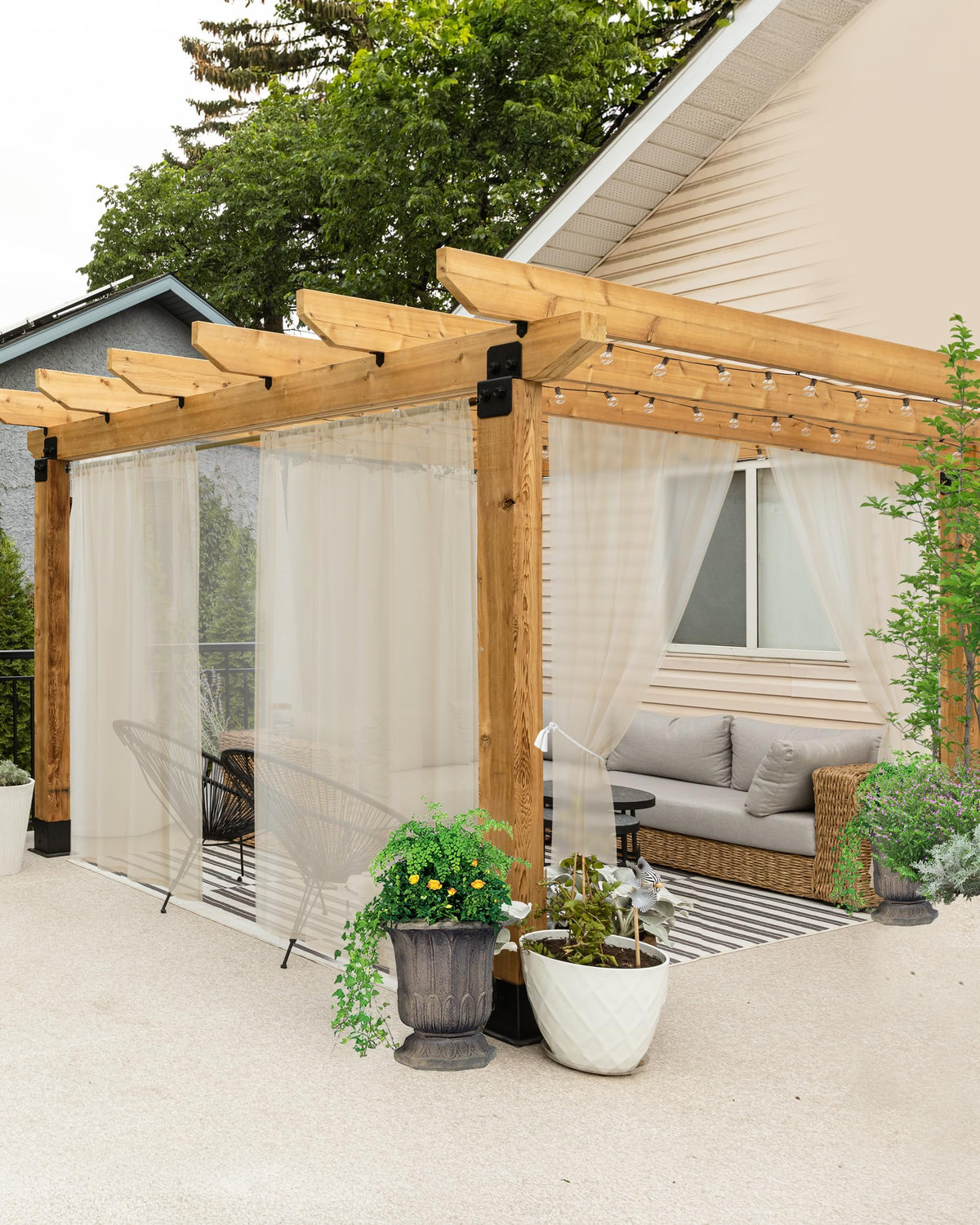 HolidayIdeas front packaging showing six 54x84 outdoor sheer curtains, easy setup benefit