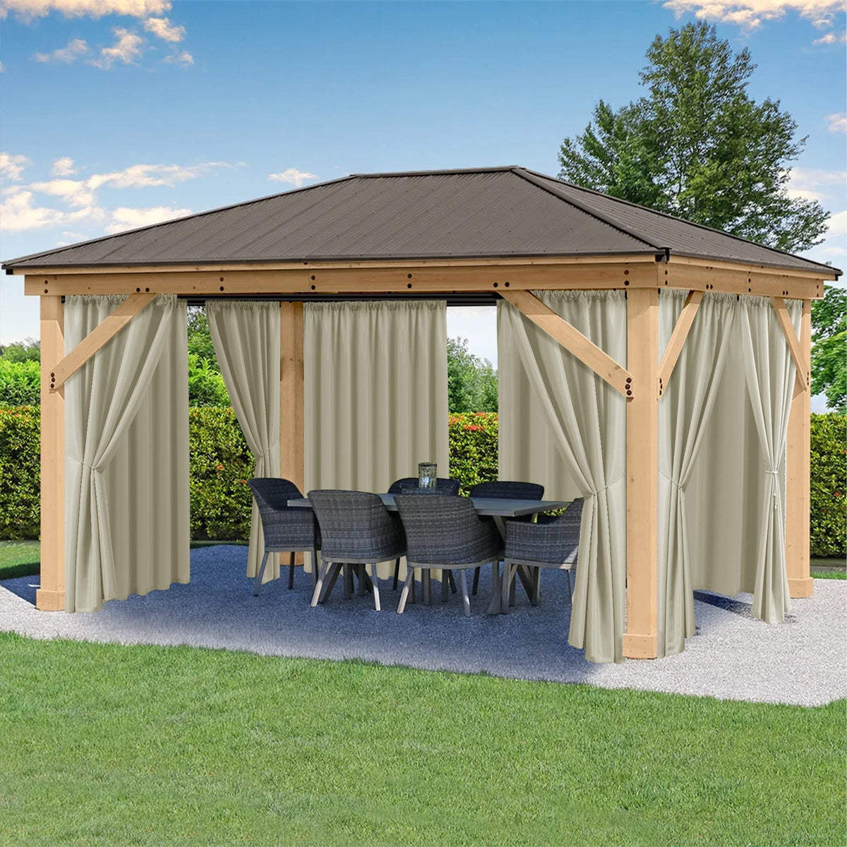 HolidayIdeas front packaging showing six taupe curtain panels and benefits
