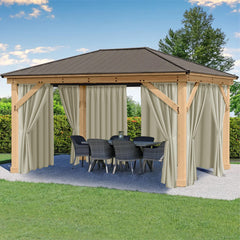 HolidayIdeas front packaging showing six taupe curtain panels and benefits