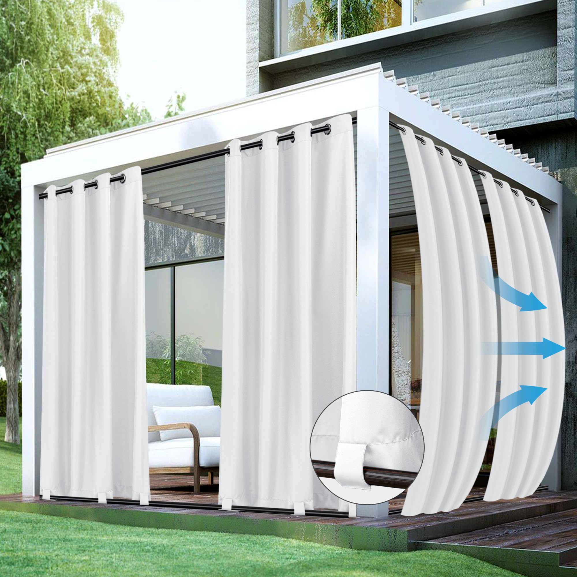 HolidayIdeas front view of four white curtain panels showing neat packaging and benefit of complete set