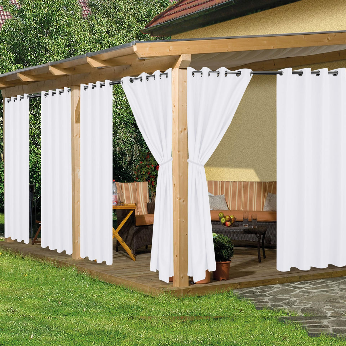 HolidayIdeas front view of six white panels showing full patio coverage and privacy
