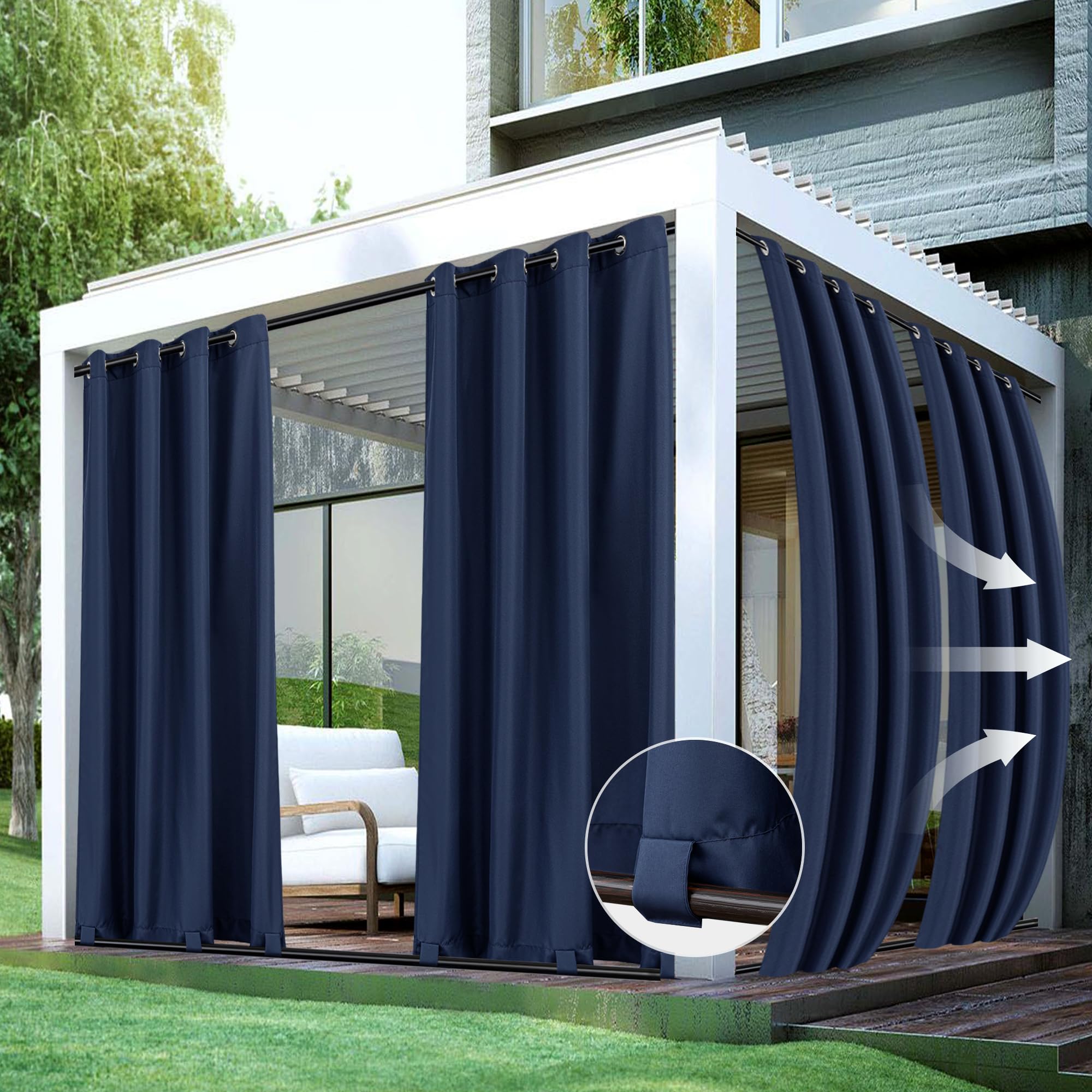 HolidayIdeas front view of navy outdoor curtain panels showing clean coverage and style