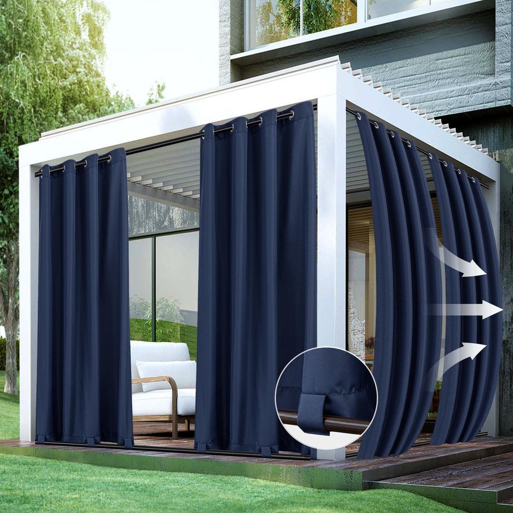 HolidayIdeas front view of navy outdoor curtain panels showing clean coverage and style