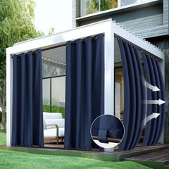 HolidayIdeas front view of navy outdoor curtain panels showing clean coverage and style