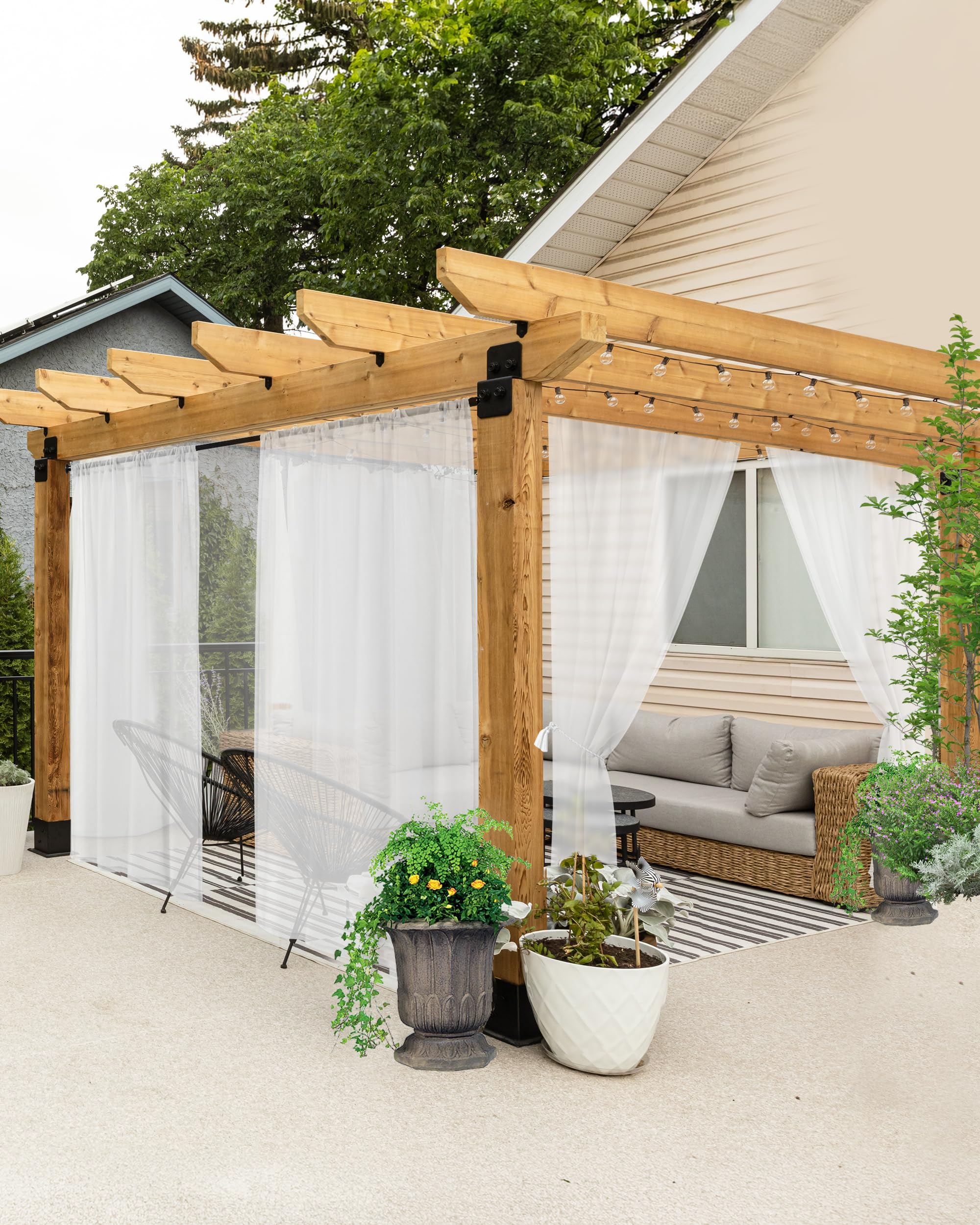 HolidayIdeas front view of six white outdoor sheer curtain panels showing neat packaging and size